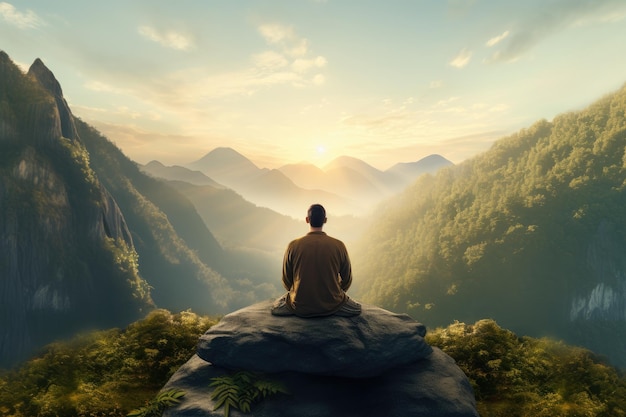 Meditation landscape and man sitting on a mountain top for mindfulness and spirituality Peaceful stress free and focus in nature with view for mental health Ai generated