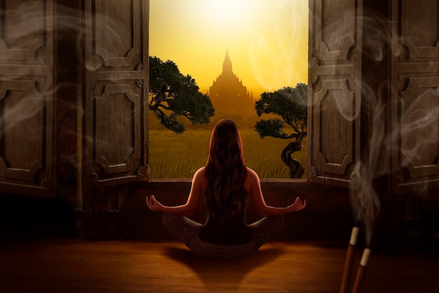 Meditation position in yoga in the Bagan Valley