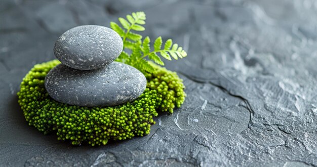 Meditation Rocks Moss and Foliage on a Textured Stone Platform