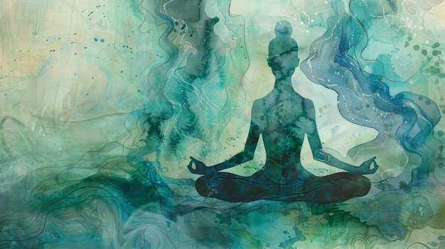 Meditation in a Serene Watercolour World A serene watercolor painting depicting a silhouette of a