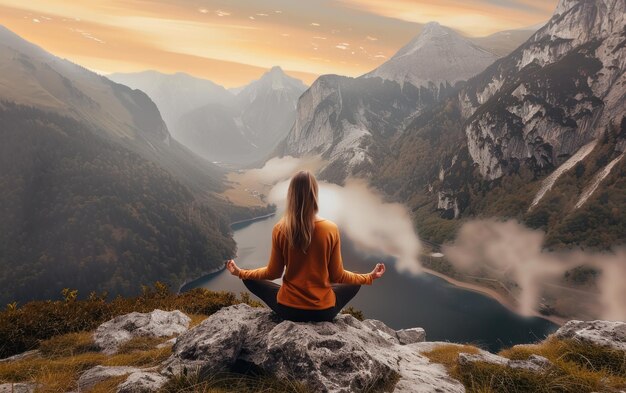 Photo meditation at sunrise in the mountains