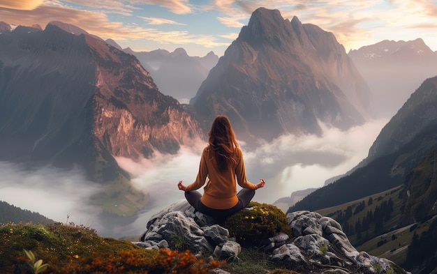 Photo meditation at sunrise in the mountains