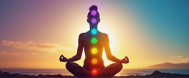 Photo meditation with chakra colors a person meditating with the seven chakra colors