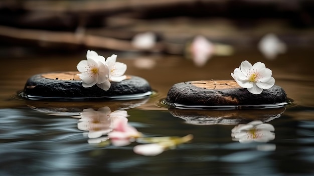 Meditation with zen stones and cherry blossom decor on water with generative ai