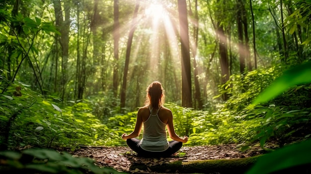 Meditation and yoga in the forest with its natural freshness Generative AI