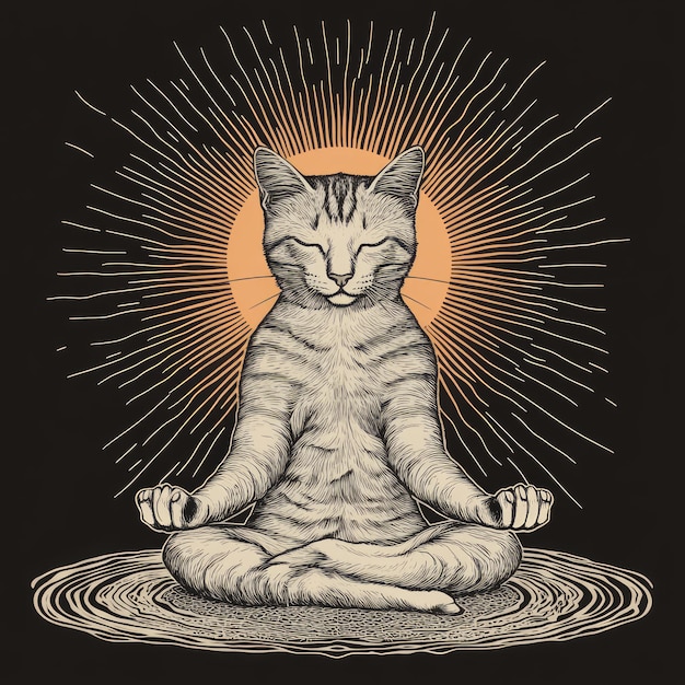 Photo a meditative cat sitting in a yoga pose with a radiant sun behind it