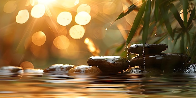 Photo meditative feng shui scene with bamboo rocks water and sunlight concept feng shui meditation space bamboo decor zen garden serene atmosphere