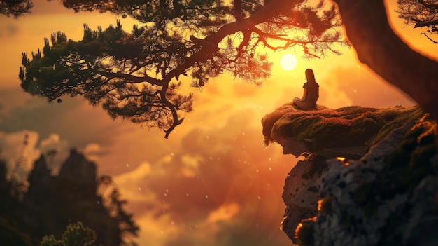 Photo meditative person sitting on scenic cliff during sunset ambient lighting