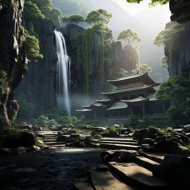 A meditative place with a series of waterfalls nestled in a serene environment and misty hills