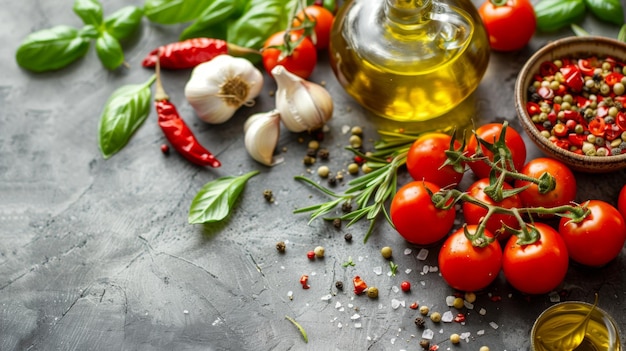 Mediterranean Background with Olive Oil Garlic Tomatoes and Fresh Herbs