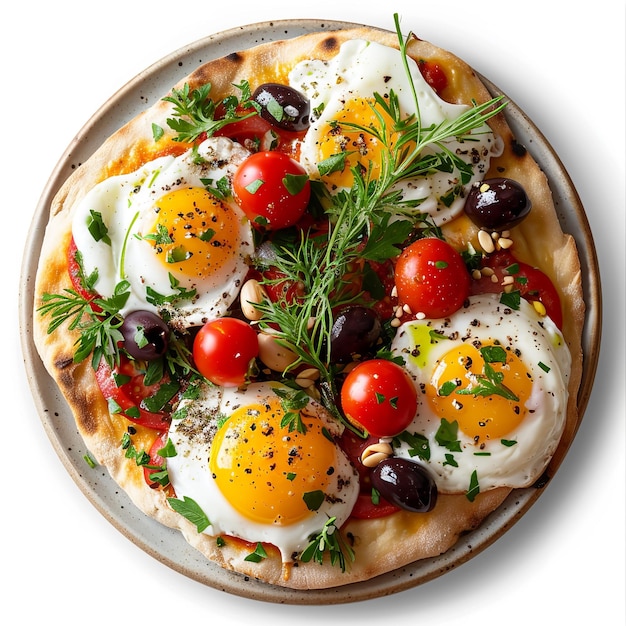 Mediterranean Breakfast Flatbread isolated on white background