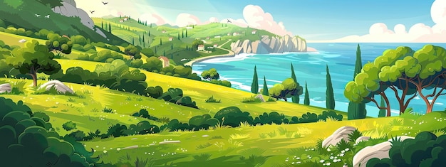 The Mediterranean coast with green hills trees and rural houses Cartoon illustration