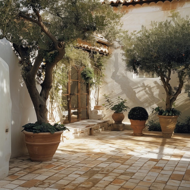 Photo mediterranean courtyard with olive trees and terracotta pots