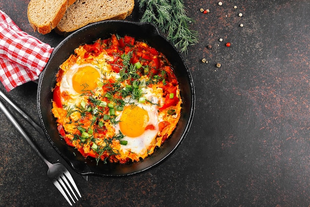 Mediterranean cousine Shakshuka with eggs tomato and dill in iron pan Top view