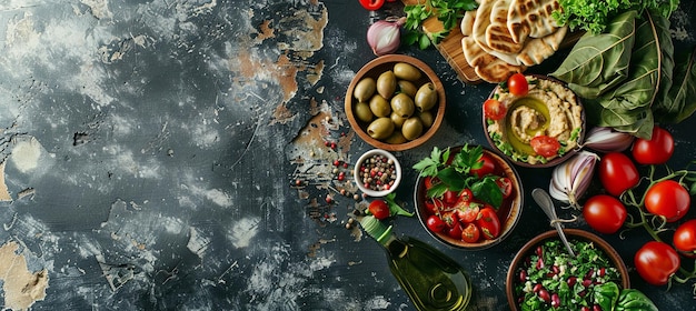 Mediterranean Delights A topdown view of a background with Mediterranean food featuring hummus falafel tabbouleh pita bread