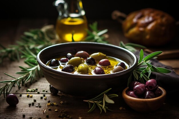 Photo mediterranean diet cooking ingredients olive oil olives and herbs