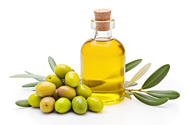 Mediterranean essence Green olive oil in a bottle a healthy ingredient embodying nature's bounty and fresh flavors