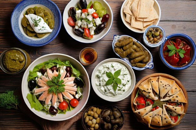 Mediterranean Feast A tempting spread of traditional Greek delights from vibrant salads