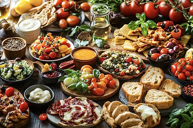 Photo mediterranean food on rustic wooden table featuring various appetizers