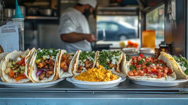 Photo mediterranean food truck with gyros and hummus plates