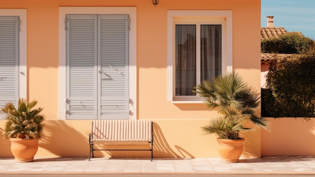 Mediterranean house exterior with potted plants and chair in sunlight