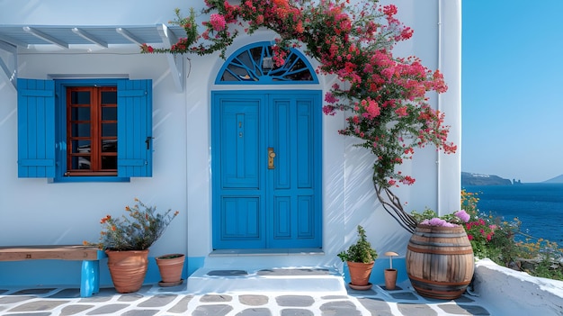 Mediterranean House with Blue Door and Flowers