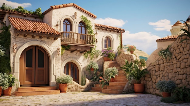 A Mediterranean house with terracotta roofs and arched windows