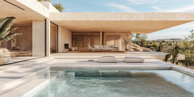 Mediterranean luxury villa in modern style with earthy tones and minimalist geometrical spaces Premium Real Estate image