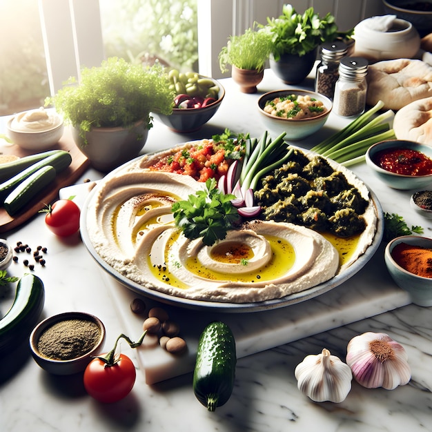 Mediterranean Meze Platter on White Marble Counter