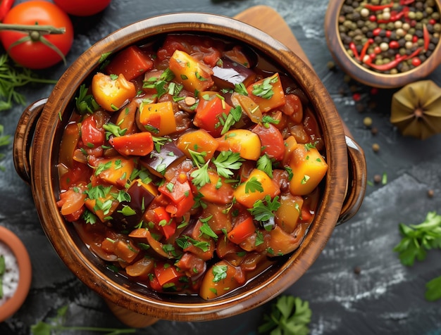 Mediterranean Pisto in Earthenware Bowl with Fresh Ingredients