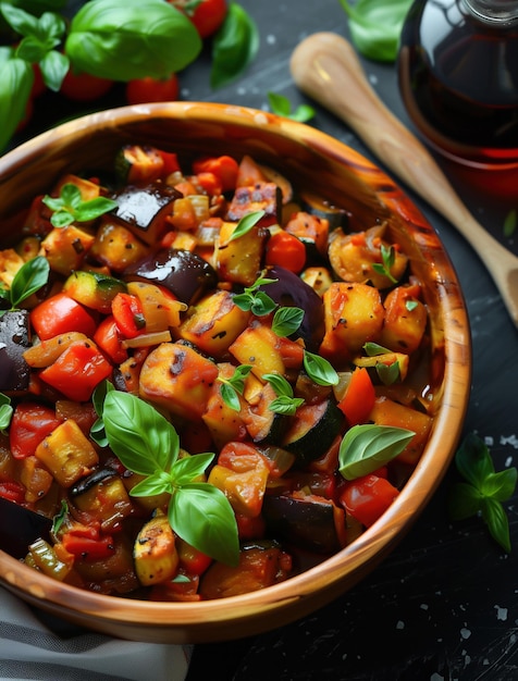 Photo mediterranean pisto in earthenware bowl with fresh ingredients