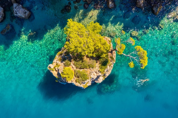 Mediterranean sea Aerial view on the beach and rocks Top view from drone at beach and azure sea Travel and vacation image from air