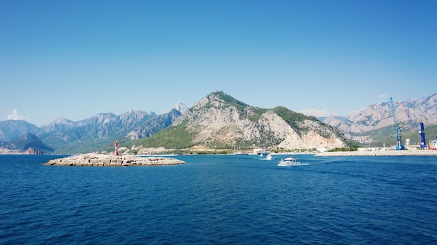 Mediterranean sea and mountains, harbor of Antalya, Turkey