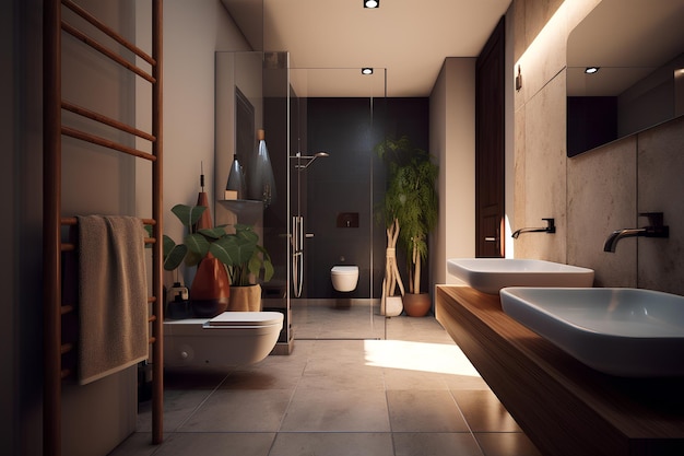 Mediterranean style interior of bathroom in luxury house Generative AI content