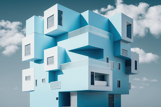 Mediterraneanstyle building with blue and white color scheme and balconies Generative AI