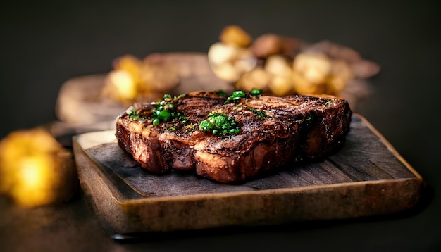 Medium juicy Beef Rib Eye chorizo in a traditional cut on a wooden board with herbs spices and salt