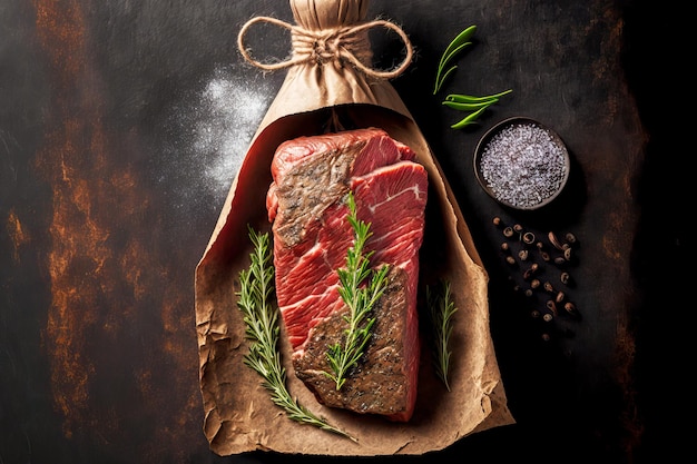 Medium rare flank steak with sprigs of rosemary on stone board