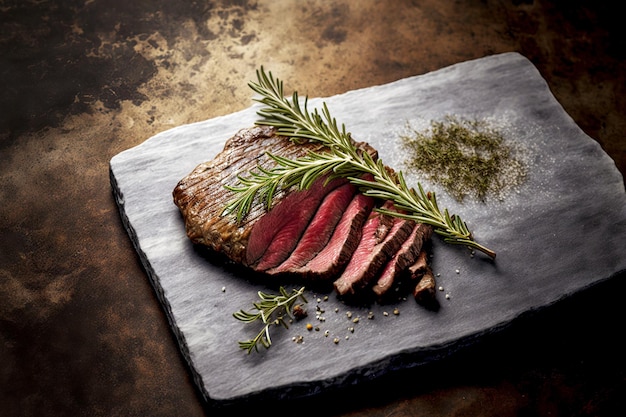 Medium rare flank steak with sprigs of rosemary on stone board