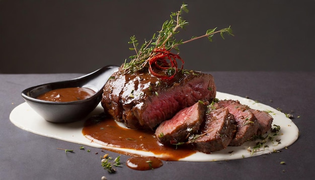 medium rare rib eye Steak full and slice close up