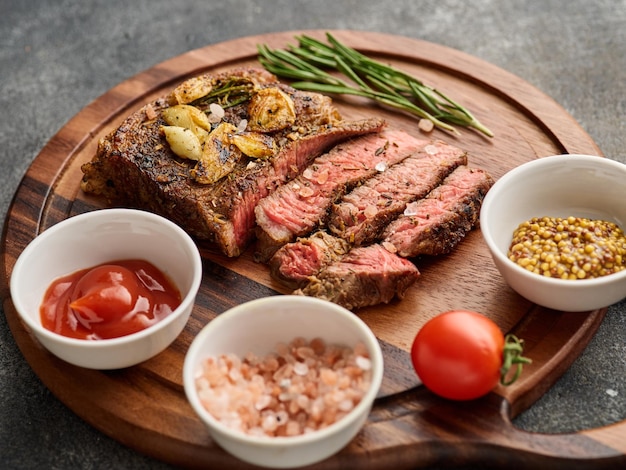 Medium rare Ribeye steak or beef steak on the wooden tray with herbs