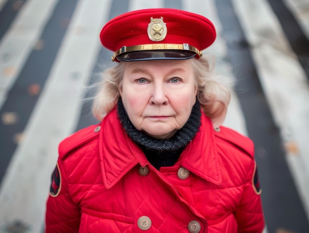 Medium shot of Crossing guard woman detailed face waist high shot photography themed background