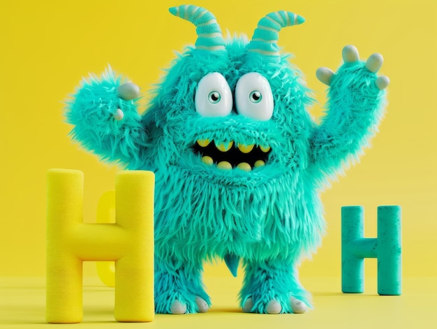 Medium shot of a cute cartoon style monster holding text Hi illustration ar