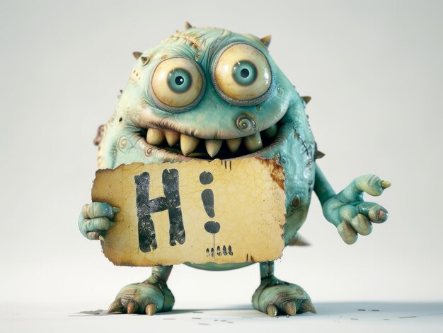 Photo medium shot of a cute cartoon style monster holding text hi illustration ar