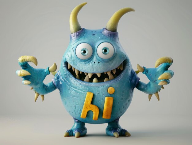 Photo medium shot of a cute cartoon style monster holding text hi illustration ar