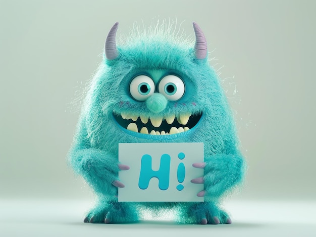 Photo medium shot of a cute cartoon style monster holding text hi illustration ar