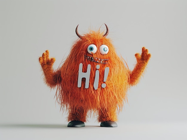 Photo medium shot of a cute cartoon style monster holding text hi illustration ar