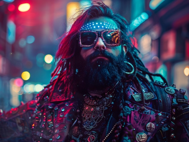 Medium shot of a cyberpunk hippie man themed background bright tonality