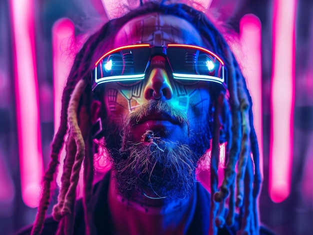 Medium shot of a cyberpunk hippie man themed background bright tonality