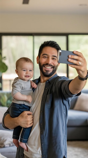 Photo medium shot father taking selfie with baby