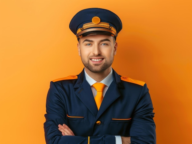 Photo medium shot of flight attendant man waist high shot photography themed background